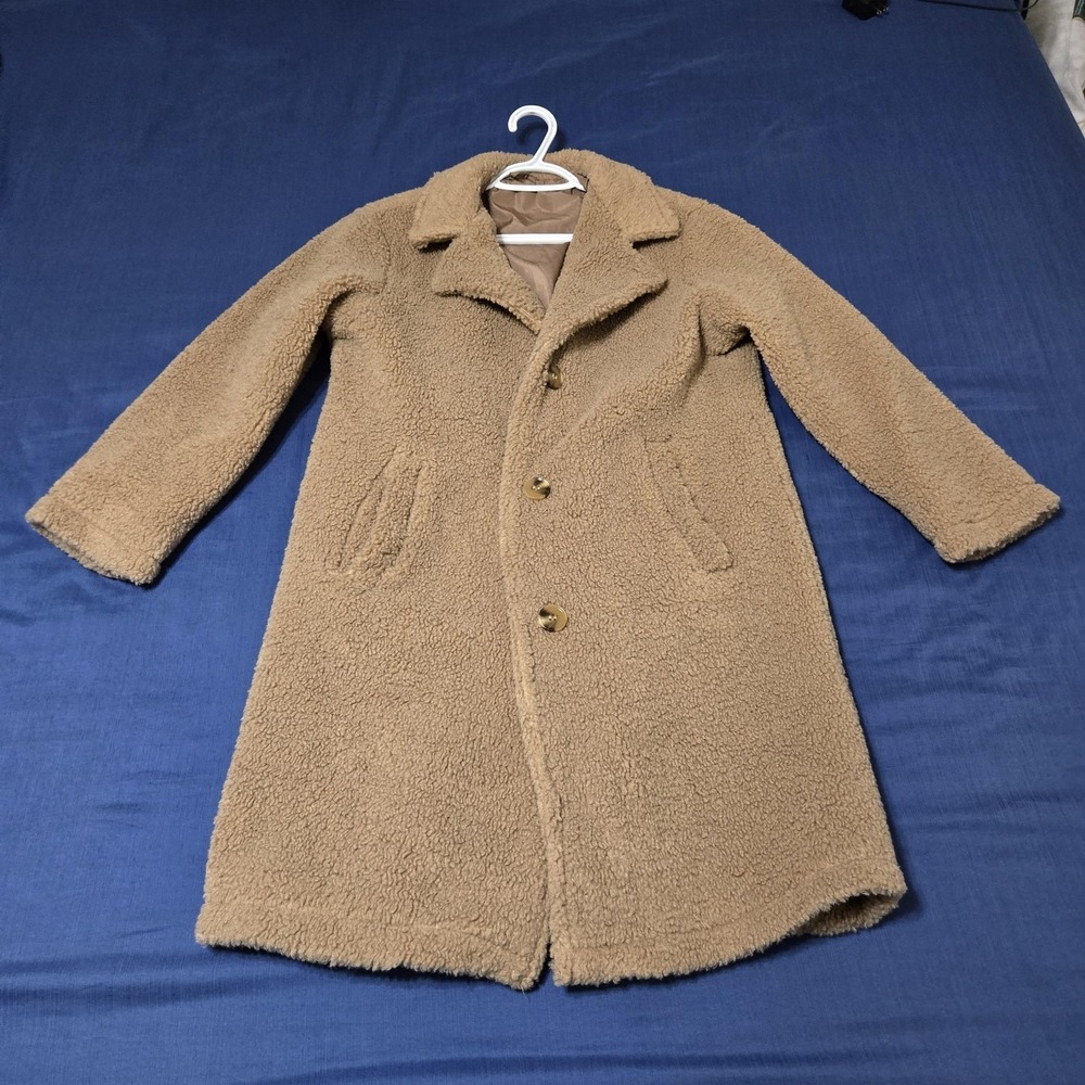Coat Kids 12Y Brown Teddy Sherpa Button Front Long Lined Slim Winter Coat
